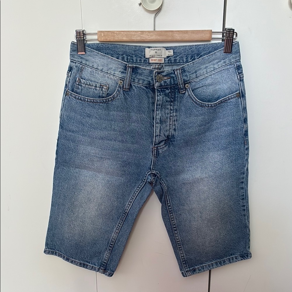 Topman Blue Jean Shorts with Raw Edge and Faded Look